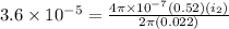 3.6 \times 10^{-5} = \frac{4\pi \times 10^{-7} (0.52)(i_2)}{2\pi (0.022)}