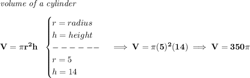 \bf \textit{volume of a cylinder}\\\\ V=\pi r^2 h~~ \begin{cases} r=radius\\ h=height\\ ------\\ r=5\\ h=14 \end{cases}\implies V=\pi (5)^2(14)\implies V=350\pi