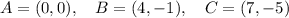 A = (0,0),\quad B = (4,-1),\quad C = (7,-5)