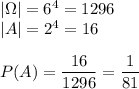 |\Omega|=6^4=1296\\ |A|=2^4=16\\\\ P(A)=\dfrac{16}{1296}=\dfrac{1}{81}