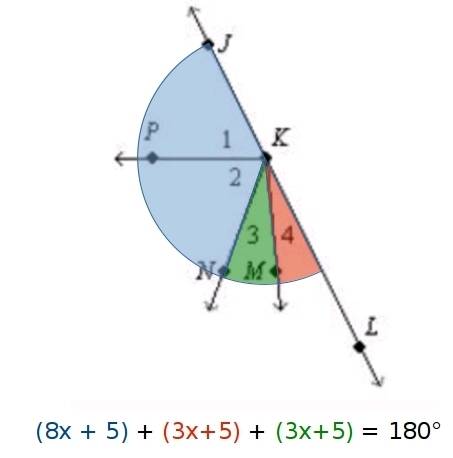 If m∠nkj=8x+2 and m∠lkm=3x+5 , what is m∠nkm?  select one:  a. 5.57  b. 41  c. 12  d. 21.71