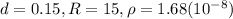 d=0.15, R=15, \rho=1.68(10^{-8})