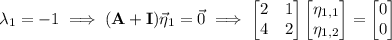 \lambda_1=-1\implies(\mathbf A+\mathbf I)\vec\eta_1=\vec0\implies\begin{bmatrix}2&1\\4&2\end{bmatrix}\begin{bmatrix}\eta_{1,1}\\\eta_{1,2}\end{bmatrix}=\begin{bmatrix}0\\0\end{bmatrix}