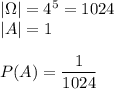|\Omega|=4^5=1024\\ |A|=1\\\\ P(A)=\dfrac{1}{1024}