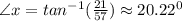 \angle x=tan^{-1}(\frac{21}{57})\approx20.22^{0}