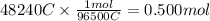 48240 C \times \frac{1mol}{96500C}= 0.500 mol