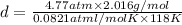 d=\frac{4.77 atm\times 2.016 g/mol}{0.0821 atm l/mol K\times 118 K}