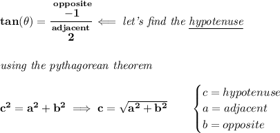 \bf tan(\theta )=\cfrac{\stackrel{opposite}{-1}}{\stackrel{adjacent}{2}}\impliedby \textit{let's find the \underline{hypotenuse}} \\\\\\ \textit{using the pythagorean theorem} \\\\ c^2=a^2+b^2\implies c=\sqrt{a^2+b^2} \qquad  \begin{cases} c=hypotenuse\\ a=adjacent\\ b=opposite\\ \end{cases}