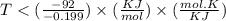 T < (\frac{-92}{-0.199})\times (\frac{KJ}{mol})\times (\frac{mol.K}{KJ})