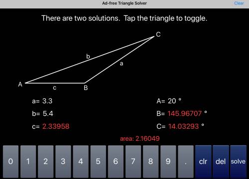 In ∆abc, c=5.4, a= 3.3 and m less than a =20. what are the possible approximate length of b?  use th