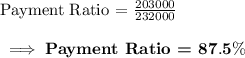 \text{Payment Ratio = }\frac{203000}{232000} \\\\\bf\implies \textbf{Payment Ratio = }87.5\%
