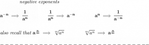 \bf ~~~~~~~~~~~~\textit{negative exponents} \\\\ a^{-n} \implies \cfrac{1}{a^n} \qquad \qquad \cfrac{1}{a^n}\implies a^{-n} \qquad \qquad  a^n\implies \cfrac{1}{a^{-n}} \\\\\\ \textit{also recall that }a^{\frac{ n}{ m}} \implies  \sqrt[ m]{a^ n}  \qquad \qquad \sqrt[ m]{a^ n}\implies a^{\frac{ n}{ m}} \\\\ -------------------------------