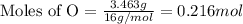 \text{Moles of O}=\frac{3.463g}{16g/mol}=0.216mol