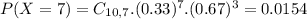 P(X = 7) = C_{10,7}.(0.33)^{7}.(0.67)^{3} = 0.0154