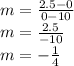 m= { \frac{2.5 - 0}{0 - 10} } \\ m= { \frac{2.5}{-10} } \\ m= - { \frac{1}{4} }