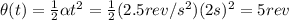 \theta(t)=\frac{1}{2}\alpha t^2 =\frac{1}{2}(2.5 rev/s^2)(2 s)^2=5 rev