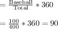 =\frac{\text{Baseball}}{\text{Total}}*360\\\\=\frac{100}{400}*360=90