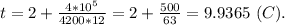 t=2+\frac{4*10^5}{4200*12}=2+\frac{500}{63}=9.9365 \ (C).