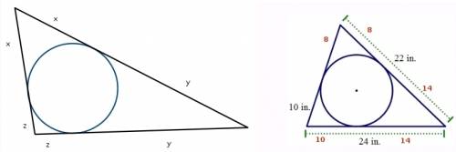 The circle is inscribed in the triangle. find the perimeter of the triangle. a. 56 in. b. 60 in. c.