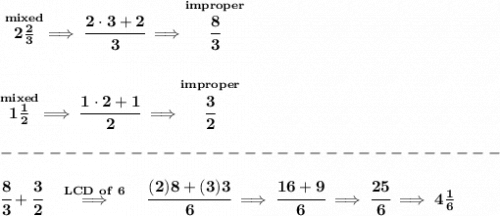 \bf \stackrel{mixed}{2\frac{2}{3}}\implies \cfrac{2\cdot 3+2}{3}\implies \stackrel{improper}{\cfrac{8}{3}} \\\\\\ \stackrel{mixed}{1\frac{1}{2}}\implies \cfrac{1\cdot 2+1}{2}\implies \stackrel{improper}{\cfrac{3}{2}}\\\\ -------------------------------\\\\ \cfrac{8}{3}+\cfrac{3}{2}\quad \stackrel{LCD~of~6}{\implies }\quad \cfrac{(2)8+(3)3}{6}\implies \cfrac{16+9}{6}\implies \cfrac{25}{6}\implies 4\frac{1}{6}