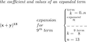 \bf \textit{the coefficient and values of an expanded term} \\\\ (x+y)^{13} \qquad \qquad  \begin{array}{llll} expansion\\ for\\ 9^{th}~term \end{array} \quad  \begin{cases} \stackrel{term}{k}=0..n\\ \stackrel{exponent}{n}\\ -----\\ k=\stackrel{9~term}{8}\\ n=13 \end{cases}