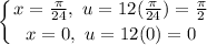 \displaystyle \left \{ {{x = \frac{\pi}{24} ,\ u = 12(\frac{\pi}{24}) = \frac{\pi}{2}} \atop {x = 0 ,\ u = 12(0) = 0}} \right