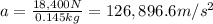 a=\frac{18,400N}{0.145kg} =126,896.6m/s^2