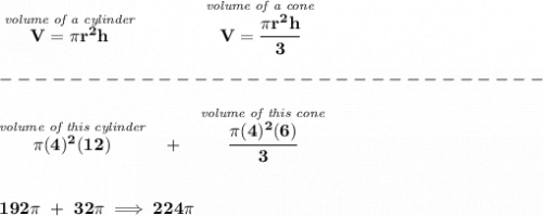 \bf \stackrel{\textit{volume of a cylinder}}{V=\pi r^2 h}\qquad \qquad \stackrel{\textit{volume of a cone}}{V=\cfrac{\pi r^2 h}{3}}\\\\&#10;-------------------------------\\\\&#10;\stackrel{\textit{volume of this cylinder}}{\pi (4)^2(12)}~~+~~\stackrel{\textit{volume of this cone}}{\cfrac{\pi (4)^2(6)}{3}}&#10;\\\\\\&#10;192\pi ~+~32\pi \implies 224\pi