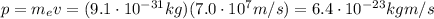 p=m_e v=(9.1 \cdot 10^{-31} kg)(7.0 \cdot 10^7 m/s)=6.4 \cdot 10^{-23} kg m/s