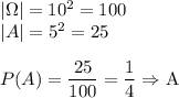 |\Omega|=10^2=100\\&#10;|A|=5^2=25\\\\&#10;P(A)=\dfrac{25}{100}=\dfrac{1}{4}\Rightarrow \text{A}&#10;