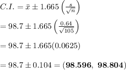 C.I.=\bar{x}\pm1.665\left( \frac{s}{\sqrt{n}} \right) \\  \\ =98.7\pm1.665\left( \frac{0.64}{\sqrt{105}} \right) \\  \\ =98.7\pm1.665(0.0625) \\  \\ =98.7\pm0.104=\bold{(98.596, \ 98.804)}