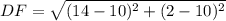 DF=\sqrt{(14-10)^2+(2-10)^2}