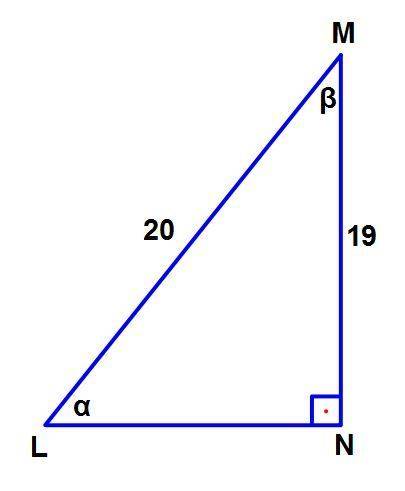 In this right triangle lmn l and m are complentary angles and sin (l) is 19\20 what is cos (m)