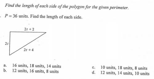 Find the length of each side of the polygon for the given perimeter. p=36 units. find the length of