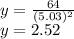 y=\frac{64}{(5.03)^{2}} \\ y=2.52