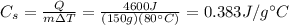 C_s = \frac{Q}{m \Delta T}=\frac{4600 J}{(150 g)(80^{\circ} C)}=0.383 J/g^{\circ}C