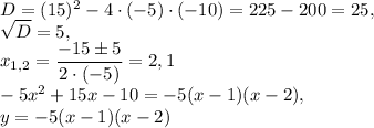 D=(15)^2-4\cdot (-5) \cdot (-10)=225-200=25, \\  \sqrt{D}=5, \\  x_{1,2} = \dfrac{-15\pm 5}{2\cdot(-5)} = 2, 1  \\ -5x^2+15x-10=-5(x-1)(x-2), \\ y=-5(x-1)(x-2)