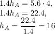 1.4h_A=5.6\cdot 4,\\ 1.4h_A=22.4,\\ h_A=\dfrac{22.4}{1.4} =16