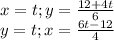 x=t; y=\frac{12+4t}{6} \\ y=t; x=\frac{6t-12}{4}