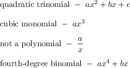 \text{quadratic trinomial}\ -\ ax^2+bx+c\\\\\text{cubic monomial}\ -\ ax^3\\\\\text{not a polynomial}\ -\ \dfrac{a}{x}\\\\\text{fourth-degree binomial}\ -\ ax^4+bx