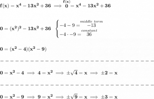 \bf f(x)=x^4-13x^2+36\implies \stackrel{f(x)}{0}=x^4-13x^2+36&#10;\\\\\\&#10;0=(x^2)^2-13x^2+36~~&#10;\begin{cases}&#10;-4-9=\stackrel{middle~term}{-13}\\&#10;-4\cdot -9=\stackrel{constant}{36}&#10;\end{cases}&#10;\\\\\\&#10;0=(x^2-4)(x^2-9)\\\\&#10;-------------------------------\\\\&#10;0=x^2-4\implies 4=x^2\implies \pm\sqrt{4}=x\implies \pm 2 =x\\\\&#10;-------------------------------\\\\&#10;0=x^2-9\implies 9=x^2\implies \pm\sqrt{9}=x\implies \pm 3= x