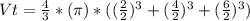 Vt = \frac{4}{3}  * (\pi) * (( \frac{2}{2} ) ^ 3 +  (\frac{4}{2})^3 +  (\frac{6}{2})^3)&#10;