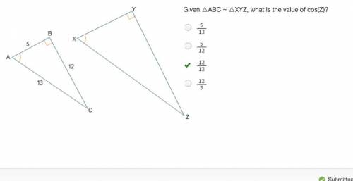 Given triangle abc ~ triangle xyz, what is the value of cos(z)