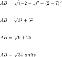 AB=\sqrt{(-2-1)^2+(2-7)^2}\\\\\\AB=\sqrt{3^2+5^2}\\\\\\AB=\sqrt{9+25}\\\\\\AB=\sqrt{34}\ units