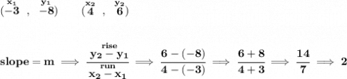 \bf (\stackrel{x_1}{-3}~,~\stackrel{y_1}{-8})\qquad &#10;(\stackrel{x_2}{4}~,~\stackrel{y_2}{6})&#10;\\\\\\&#10;% slope  = m&#10;slope =  m\implies &#10;\cfrac{\stackrel{rise}{ y_2- y_1}}{\stackrel{run}{ x_2- x_1}}\implies \cfrac{6-(-8)}{4-(-3)}\implies \cfrac{6+8}{4+3}\implies \cfrac{14}{7}\implies 2