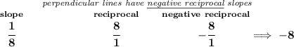 \bf \stackrel{\textit{perpendicular lines have \underline{negative reciprocal} slopes}}&#10;{\stackrel{slope}{\cfrac{1}{8}}\qquad \qquad \qquad \stackrel{reciprocal}{\cfrac{8}{1}}\qquad \stackrel{negative~reciprocal}{-\cfrac{8}{1}}\implies -8}
