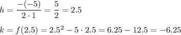 h=\dfrac{-(-5)}{2\cdot1}=\dfrac{5}{2}=2.5\\\\k=f(2.5)=2.5^2-5\cdot2.5=6.25-12.5=-6.25