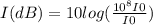I(dB)= 10log(\frac{10^8I0}{I0})