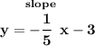 \bf y=\stackrel{slope}{-\cfrac{1}{5}}x-3