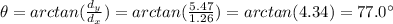 \theta= arctan(\frac{d_y}{d_x})=arctan(\frac{5.47}{1.26})=arctan(4.34)=77.0^{\circ}